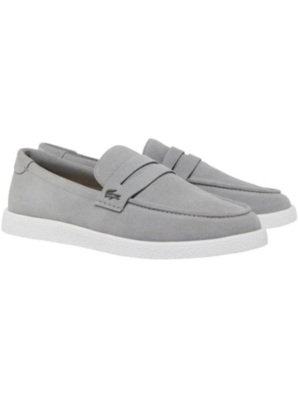 Lacoste Men's Grey White Moc Toe Cochet Suede Comfortable Fit Slip On Loafers